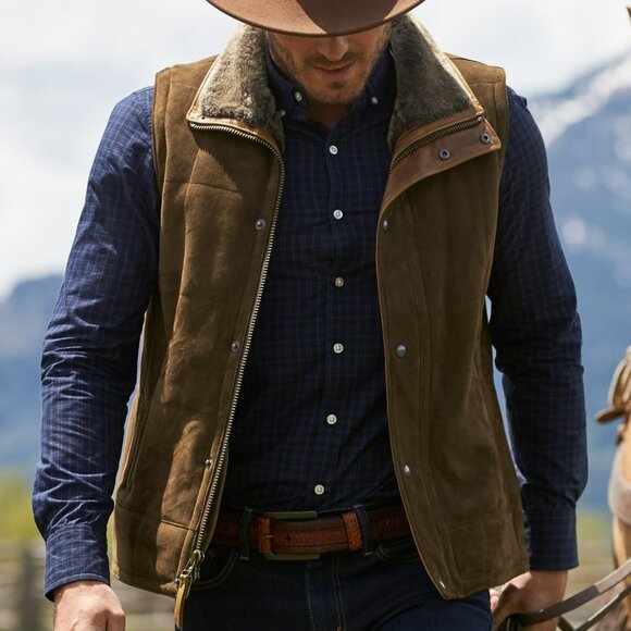 OVERLAND Men's Go Forth Sheepskin Vest, Suede, Merino Shearling Lined, Size 46 - Picture 1 of 16
